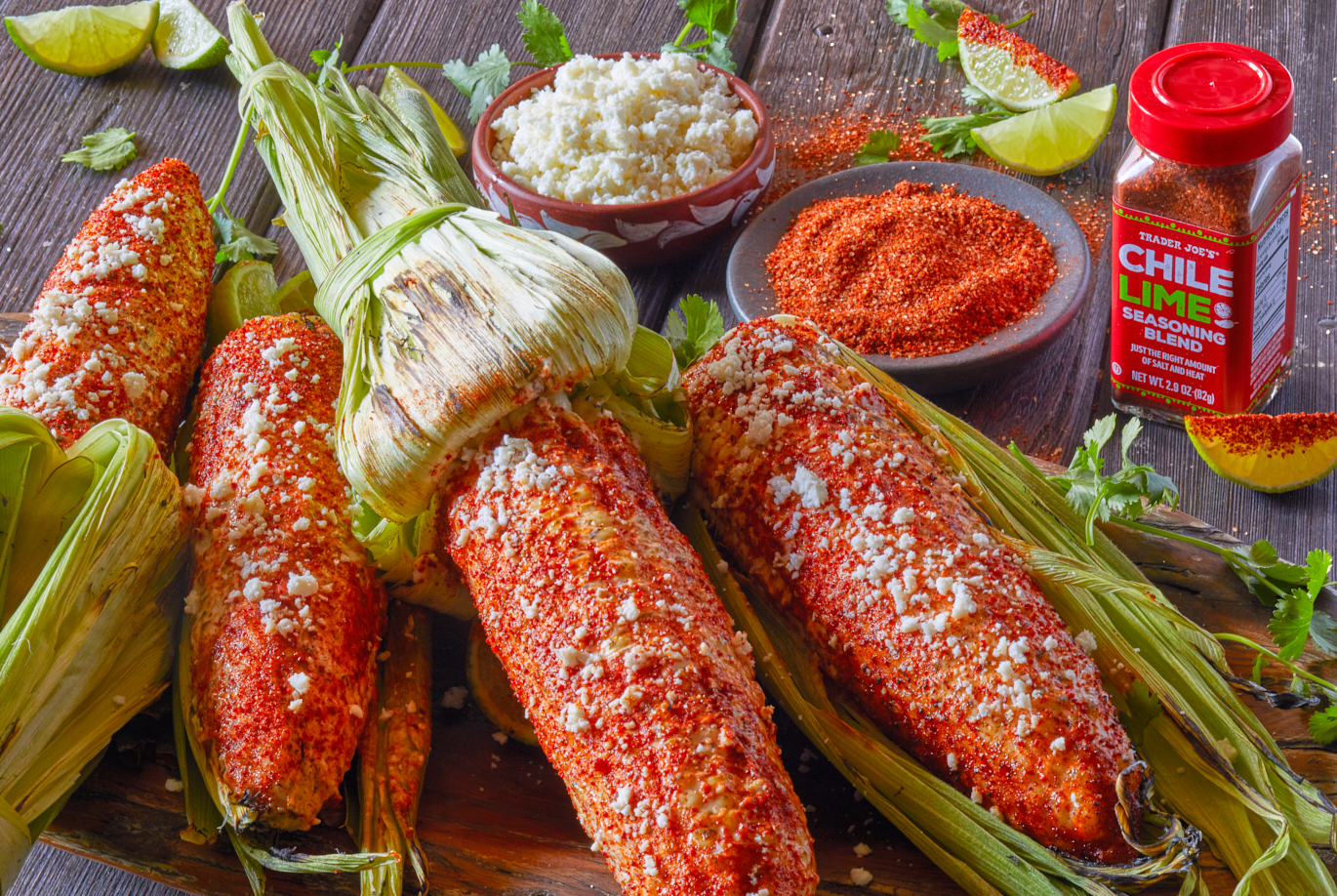 Trader Joe's Chile Lime Seasoning Blend; shown as elote - grilled corn on the cob with mayonnaise, cotija cheese and lime and cilantro