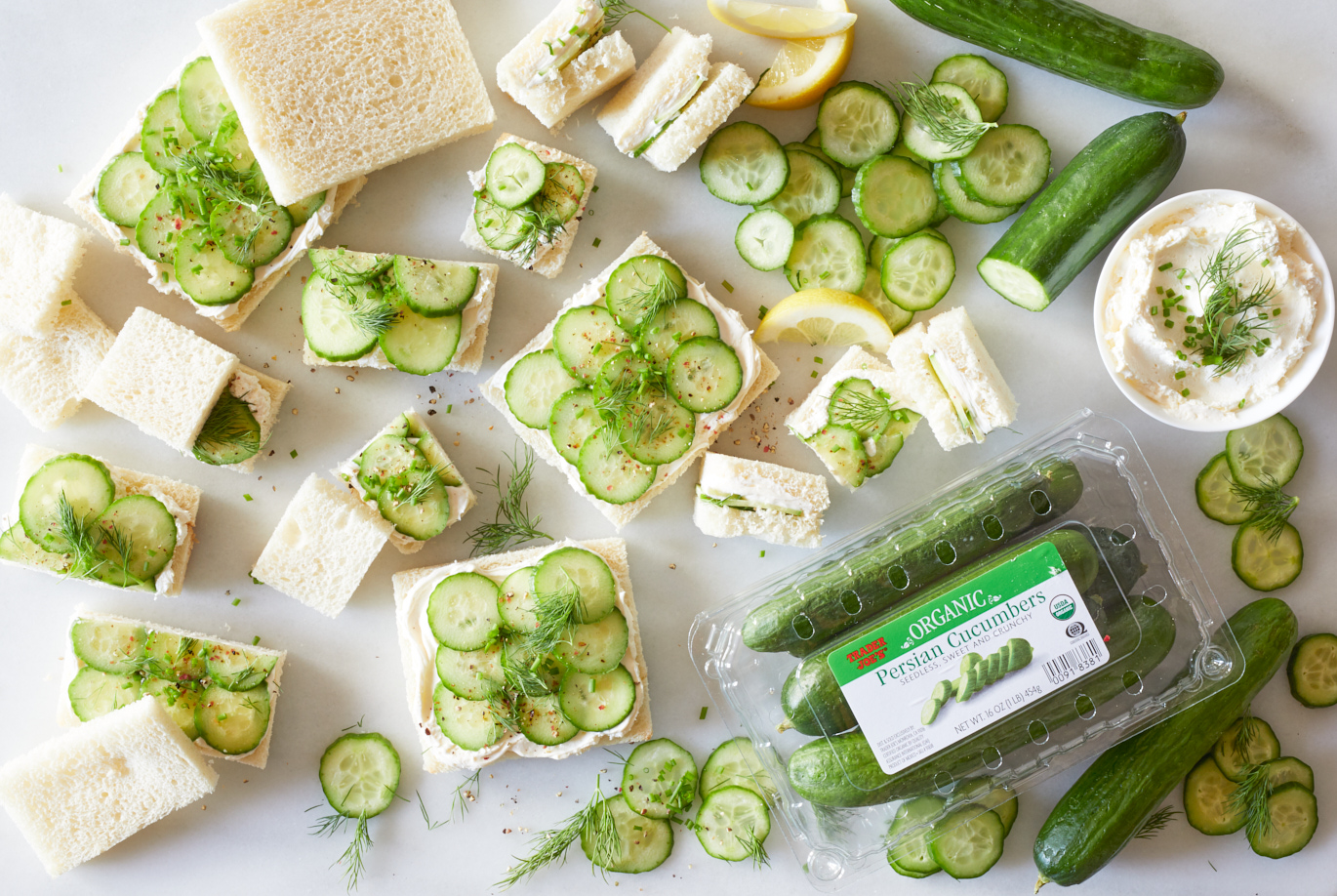 Trader Joe's Organic Persian Cucumbers; shown used in cubed cucumber sandwiches, with white bread, cream cheese, chives and dill
