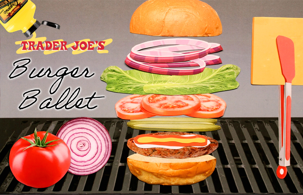 A fully loaded burger on a bun sits deconstructed on a black barbeque grill with layers of bun, meat, mayo, ketchup, mustard, pickles, tomatoes, lettuce, red onions, and top bun floating in mid-air. To the right are red tongs holding a slice of TJ's Cheddar. To the left is a whole tomato, a cross-section of red-onion, and the words Trader Joe's Burger Ballet, with a bottle of TJ's Organic Yellow Mustard squirting out a stream of mustard behind the red Trader Joe's logo